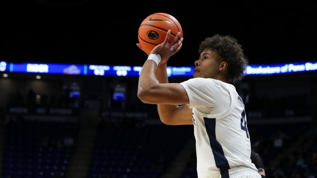 Penn State's Puff Johnson takes a shot against Rider in a Nittany Lions men's basketball game at the Bryce Jordan Center.